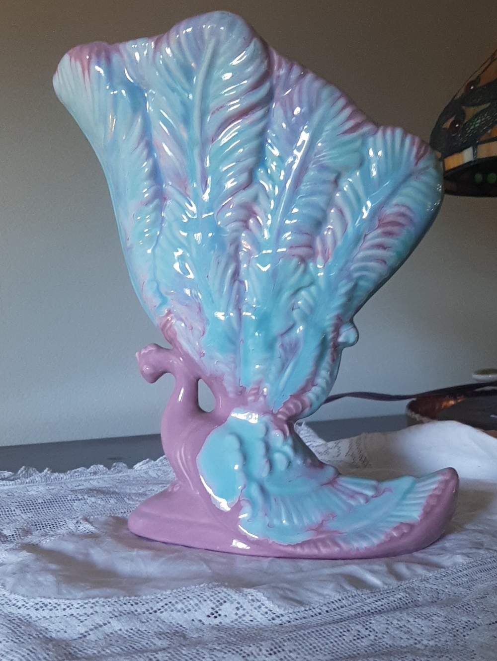 Vintage Peacock Fan Vase in Mauve and Blue Glaze